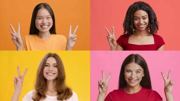 Four cheerful individuals with diverse backgrounds express happiness through V gestures. Bright colors enhance the upbeat atmosphere, capturing a moment of joy and success. video