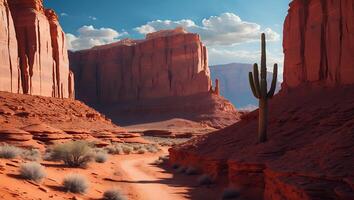 Desert Landscape with Cactus and Red Rock Formation photo