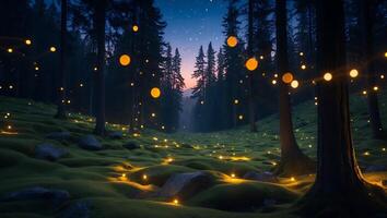 Magical Forest with Glowing Lights at Night photo