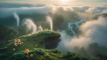 Mushroom Field Atop Cliffside View Above Clouds photo