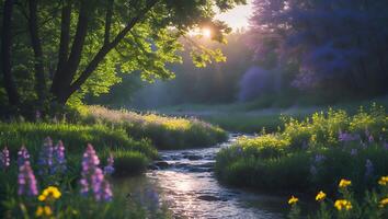 Stream Through Meadow with Trees and Flower photo