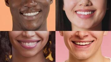 Four individuals of different backgrounds share genuine smiles against vibrant backgrounds. Their expressions convey joy and positivity, highlighting diversity and connection. video