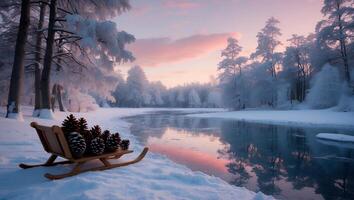Sled with Pinecones on Winter Landscape with Snowy Trees and Frozen Lake photo