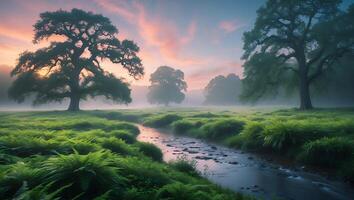 Landscape with River, Trees and Fog at Sunset photo