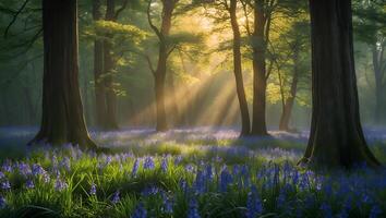Bluebells in Forest with Sunlight photo
