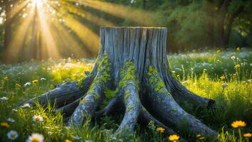 Tree Stump in a Meadow with Sun Rays photo