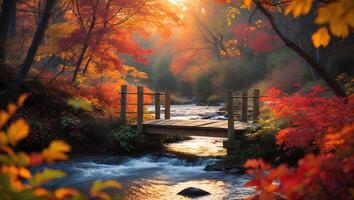 Autumn Bridge Over River with Colorful Trees at Sunrise photo