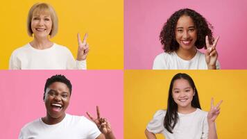 Four individuals display joyful expressions and V gestures against vibrant yellow and pink backgrounds, representing happiness, victory, and connection in a playful collage. video
