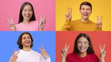 A collage of four individuals expressing joy and positivity through V gestures. Each person showcases a bright smile against colorful backgrounds, highlighting a sense of success and celebration. video