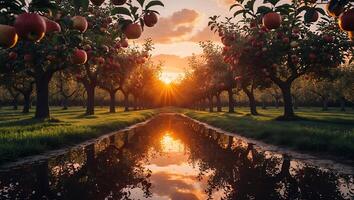 Apple Trees at Sunset in Orchard Water Reflection photo