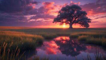 Tree in Field at Sunset with Reflection in Water photo