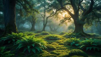 Forest with Moss and Ferns in Sunlight photo