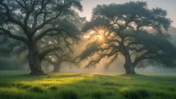 Foggy Meadow with Trees and Sunlight photo