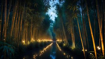 Bamboo Forest Path at Night with Lights Reflecting in Water photo