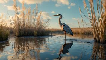 Great Blue Heron Standing in Shallow Water with Tall Grass Against Sky photo