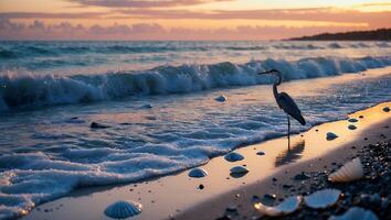 Heron at Beach at Sunset photo