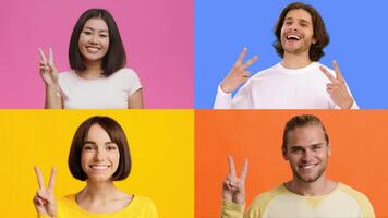 A collection of diverse individuals displaying happy expressions while making the V gesture. Each person stands against bright, colorful backgrounds, celebrating success together. video