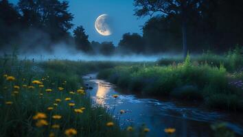 Moonlit Meadow with Stream and Mist photo