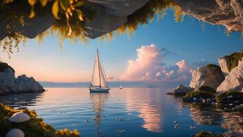 Sailboat on Calm Water with Rocks and Sky photo