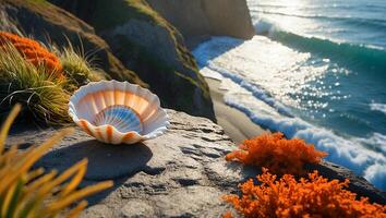 Seashell on Cliff Overlooking Beach and Ocean Waves photo