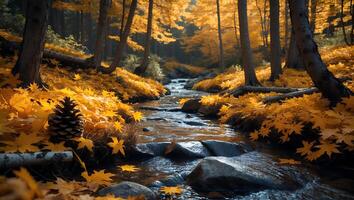 Autumn Leaves and Forest Stream Scene with Pine Cone photo