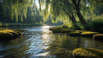 River Flows Under Weeping Willow in a Sunny Forest photo