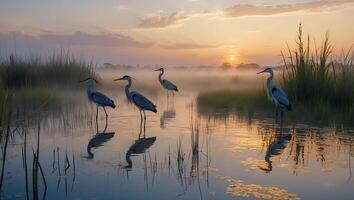 Heron in Pond at Sunrise photo