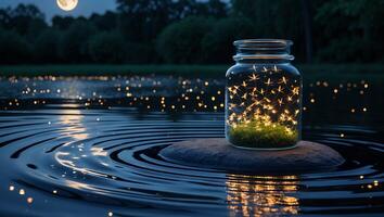Fireflies in Jar on Lake Rock at Night photo