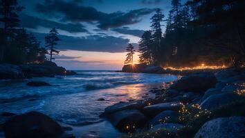 Rocky Beach at Sunset with Trees and Calm Waves photo