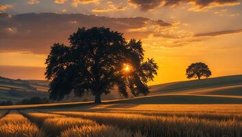 Tree in Field at Sunset Landscape photo