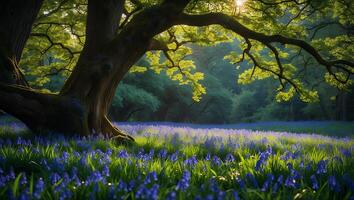 Bluebell Field Under Tree in Forest photo