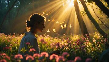 Woman with Butterflies in Forest Sunlight photo