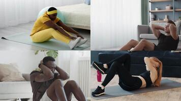 A diverse group of people participates in different workouts at home, showcasing their athleticism and commitment to a healthy lifestyle. They perform core exercises in stylish, bright athletic wear. video