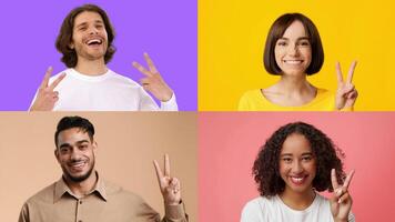 Four diverse individuals express joy and positivity with V signs against colorful backgrounds. Their smiles convey a sense of success and happiness, showcasing celebration and unity. video