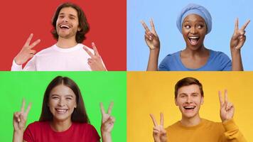 A collection of diverse individuals expressing joy and positivity with victory hand gestures. Each person showcases happiness against bright, colorful backgrounds, embodying a sense of achievement. video