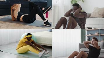 A group participates in various fitness activities in a bright, spacious room. Each person performs core exercises on mats, showcasing a commitment to a healthy lifestyle. video