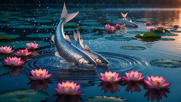 Fish Jumping in Water with Lily Pads and Sunset photo