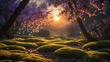 Scenic Garden with Trees and Butterflies at Sunset photo