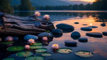 Water Lily on Peaceful Lake at Sunset photo