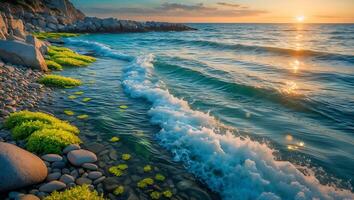 Ocean Wave on Pebble Beach at Sunset photo