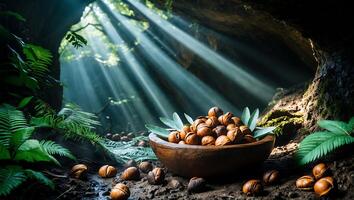 Macadamia Nuts in a Wooden Bowl with Forest Background photo