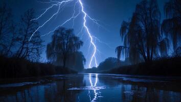 Lightning Over River at Night photo