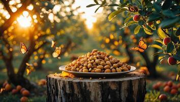 Argan Nuts on Plate in Orchard with Butterflies photo