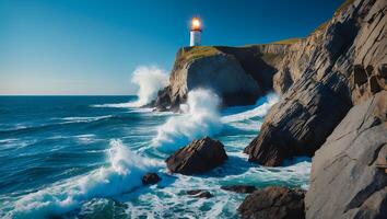 Lighthouse on Cliff with Crashing Waves Ocean View photo