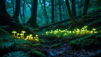 Luminous Mushroom in Forest - Glowing Fungus in Dark Wood photo
