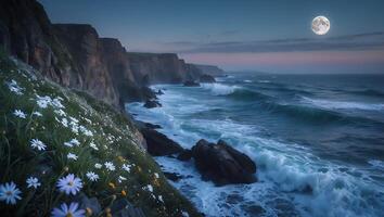 Coastal Moon View with Flowers and Waves photo