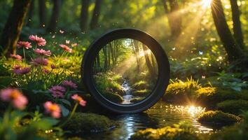 Forest View Through Tire in Peaceful Landscape photo