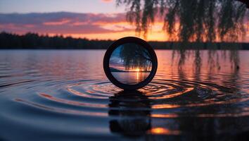 Sunset on Water with Circle and Ripples on the Lake photo