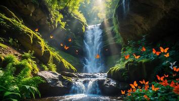 Waterfall and Butterflies in a Lush Green Forest Landscape photo