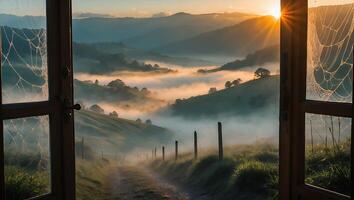 Foggy Valley View From Open Window at Sunrise photo